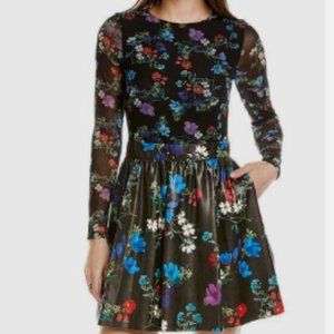 ALICE + OLIVIA CHARA FLORAL MESH & VEGAN LEATHER BLOSSOM BLACK MINI DRESS sz 12